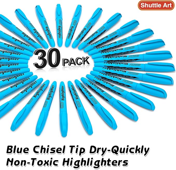 Shuttle Art Highlighters, 30 Pack Blue Highlighters Bright Colors, Chisel Tip Dry-Quickly Non-Toxic Highlighter markers for Adults Kids Highlighting in the Home School Office