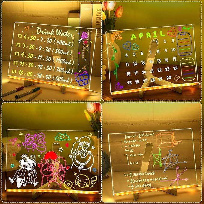 LED Note Board with Colors, 12"x 8" Glowing Acrylic Dry Erase Board with Light, Led Drawing Board with Stand LED Message Writing Board with 7 Markers for Holiday Party Christmas Gift