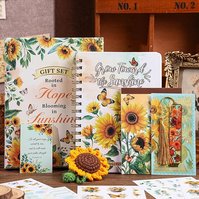 Sunflower Gift Set for Women - 25 Sheets Planner Stickers 600+ Stickers, Weekly Prayer Journal, Crochet Keychain, Metal Bookmark, 30 Prayer Cards, Gift for Women Teens, Christian Gifts, Birthday Gifts