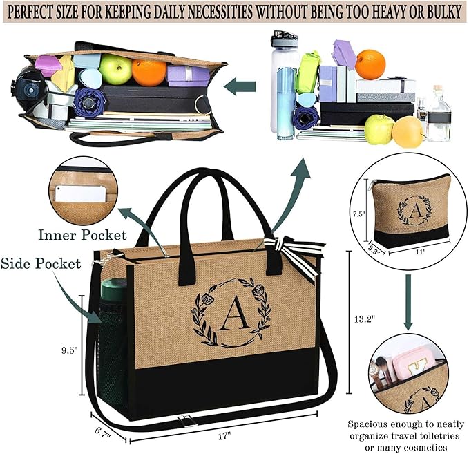 YOOLIFE Personalized Gifts for Women - Initial Jute Tote Bag & Makeup Bag, Birthday Gifts for Women Mom Wife Teacher Friend