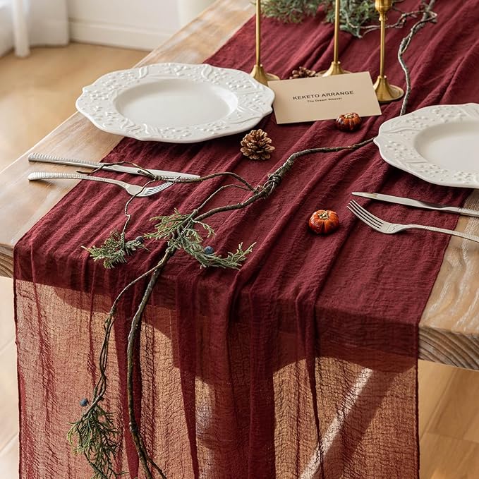 3pcs Burgundy Cheesecloth Table Runner Gauze 120 Inch 10 FT Rustic Boho Cheese Cloth Runner for Wedding Baby Shower Bridal Shower Engagement Birthday Party Long Sheer Home Decorations