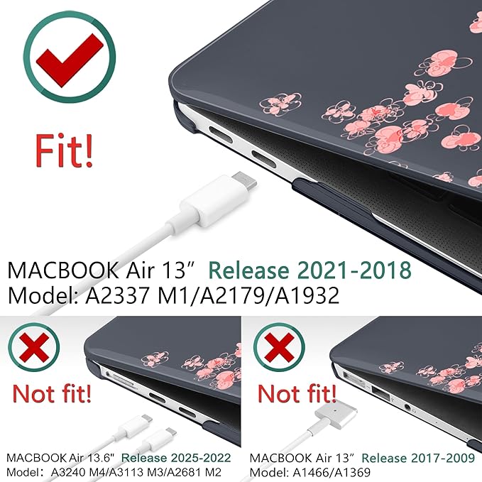 DONGKE MacBook Case for MacBook Air 13 inch M1/A2179/A1932, Crystal Black Hard Shell Cover with Cherry Blossom Pattern, Touch ID & Retina Display Compatible