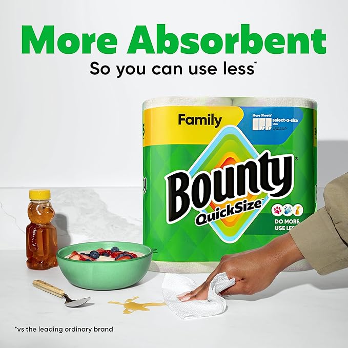 Bounty Paper Towels Quick Size, White, 16 Family Rolls = 40 Regular Rolls