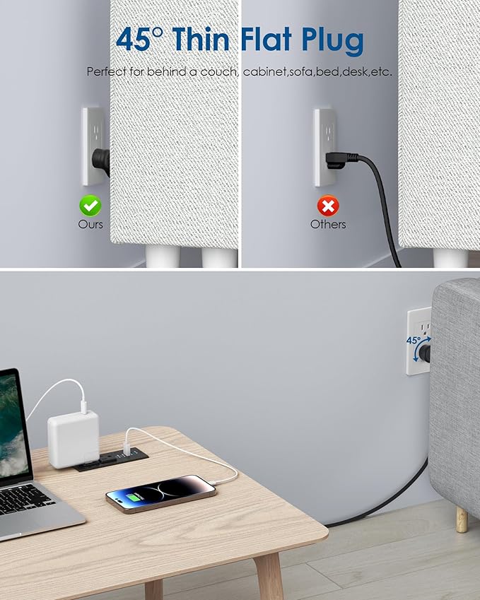 Recessed Power Strip Fast Charging Station 2 PD 65W USB C, Flush Mount Countertop Drawer Outlet, Furniture Hidden Charging Station for Side Table, End Table,2 AC Outlets (Black, 6 FT Cable)