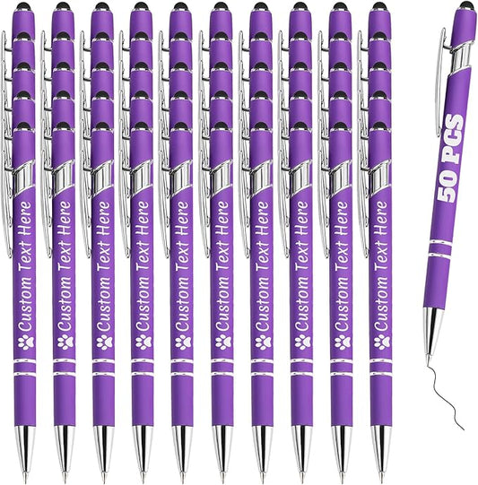 Personalized Pens Bulk 50 with Name Custom Engraving Ballpoint Pens with Stylus Tip Customized Smooth Writing Pens Personalized Gifts for Anniversary Birthday or Graduation(Purlpe,Black Ink)