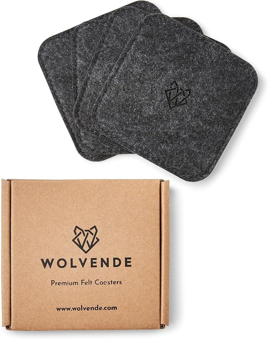 Premium Felt Drink Coasters | Square Dark Grey Set of 4 | 10 x 10cm | Absorbent & Non-Slip, Ideal for Home & Office Desks