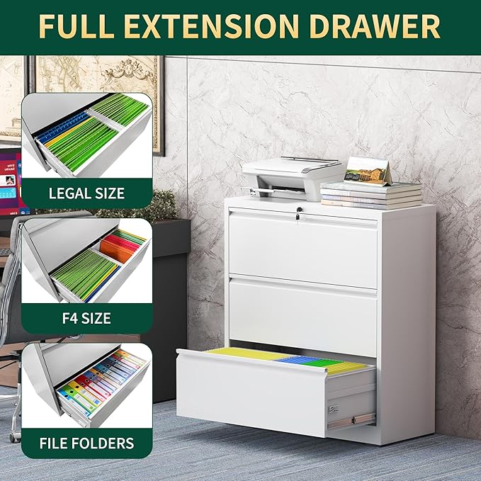 3 Drawer Lateral File Cabinet with Lock, Metal File Cabinets for Home Office, Steel Heavy-Duty Filing Storage Cabinet for Letters/Legal/A4 (Require Assembly, White)