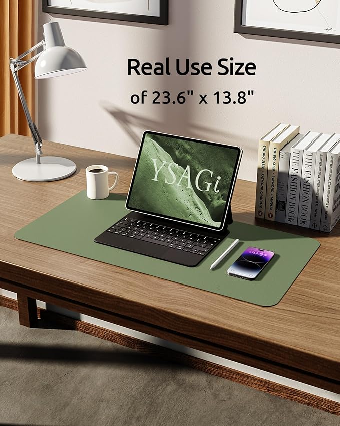 YSAGi Leather Desk Pad Protector, Office Desk Mat, Large Mouse Pad, Non-Slip PU Leather Desk Blotter, Laptop Desk Pad, Waterproof Desk Writing Pad for Office and Home (Bamboo Green, 23.6" x 13.8")