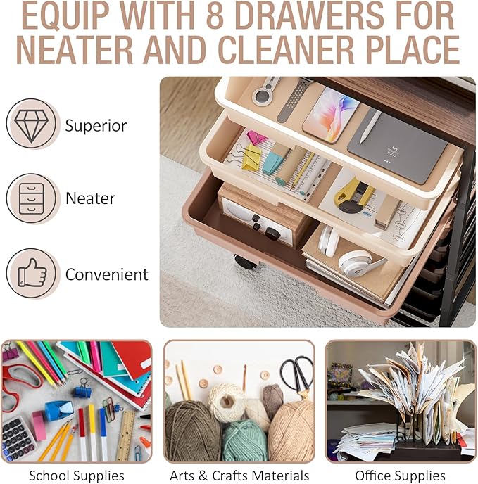TOOLF Rolling Carts with Wheels, 8-Drawer Utility Cart, Wooden Tabletop Storage Cart for Office, Arts & Crafts, Classroom, Bedroom, Brown