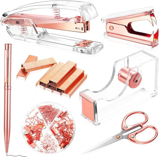 Office Supplies Set Desk Accessory Kit, Acrylic Stapler Set Staple Remover, Tape Dispenser, Binder Clips, Paper Clips, Ballpoint Pen and Scissor with 1000 Pieces 26/6 Staples (Rose Gold)