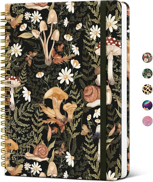 Lined Spiral Journal Notebook for Women, Cute A5 College Ruled Hardcover Notebook for Work & Note Taking, Aesthetic Pretty Journal for Writing, 140 Pages, Mushroom