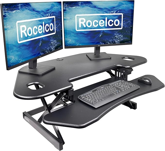 Rocelco 46" Height Adjustable Corner Standing Desk Converter - Quick Sit Stand Up Dual Monitor Riser - Gas Spring Assist Tabletop Computer Workstation - Large Keyboard Tray - Black (R CADRB-46)