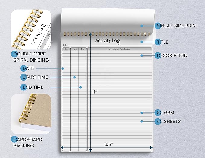 Better Office Products Activity Log Notepad, 8.5" x 11", Planning Note Pad, 50 Sheets, Double-Wire Spiral, Daily Time Tracking Productivity Checklist Organizer,(1 Pack)