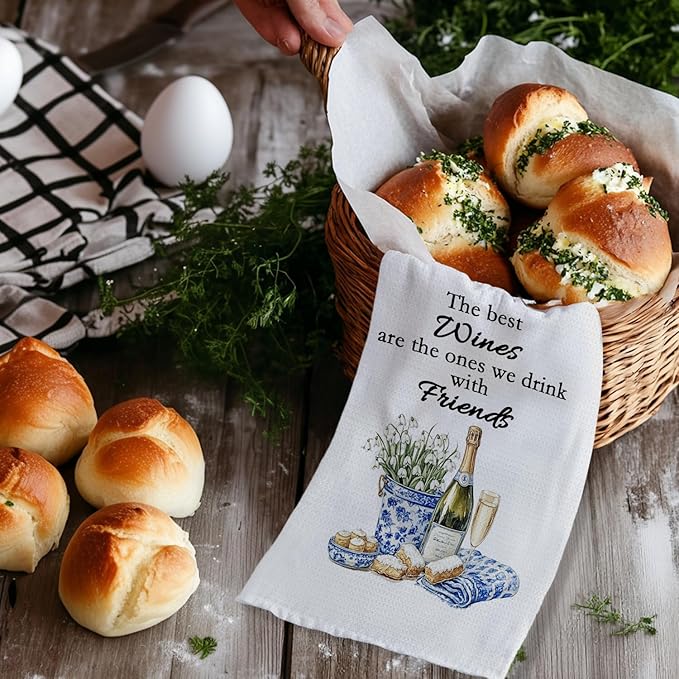 Chinoiserie Wine Kitchen Towels, Wine Lover Gifts Hand Towels for Kitchen Decor, grandmillennial Champagne Bottle Glass Decorative Dish Tea Towels for Home Bar, 16x24 Inch