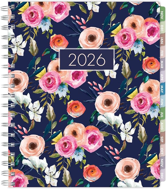 Essential PRO 2026 Daily, Weekly & Monthly Planner, 7"x9": 14 Months (Nov 2025 - Dec 2026) Monthly Tabs,Daily Tracking,Notes Pages,Storage Pocket,Bookmark w Sticky Notes (Small Navy Floral)