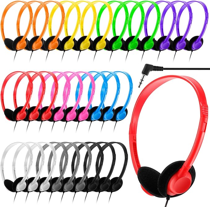 Yunsailing 30 Pack Class Set Headphones for Students Bulk School Headsets Earphones with 3.5mm Jack Classroom Must Haves Teacher Supplies for Adults Laptop Computer(Multicolor)
