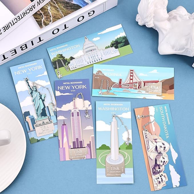 6 Pcs Silver Metal Bookmarks, Elegant Statue of Liberty America Famous Landmark Building Theme Bookmark for Women, USA Commemorate Bookmark Gift for Book Lovers Writers Readers Girls Teenage Children
