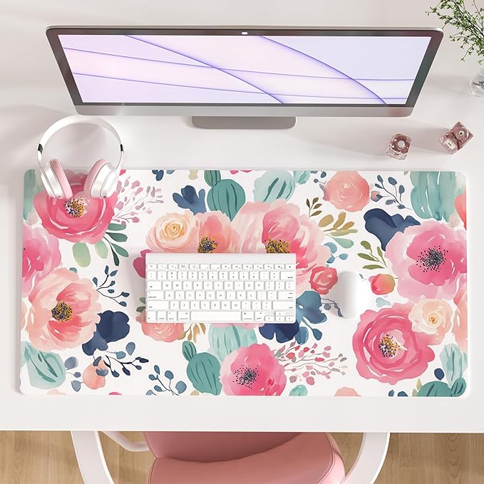 Colorful Star Large Mouse Pad, Pink Floral Desk Mat for Desktop, Women Girls Flowers PU Leather Waterproof Desk Pad, Computer PC Laptop Protector Gaming Mouse Pads for School Office Home 31.5" x 15.7"