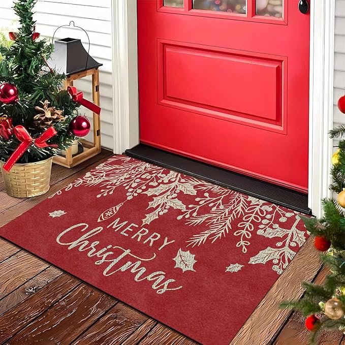 Merry Christmas Mistletoe and Holly Door Mat Front Porch Rugs Doormats Welcome Floor Mats Welcome Rug Outdoor Entry Rug for Home Farmhouse Party Decor, 18" x 30"Inch