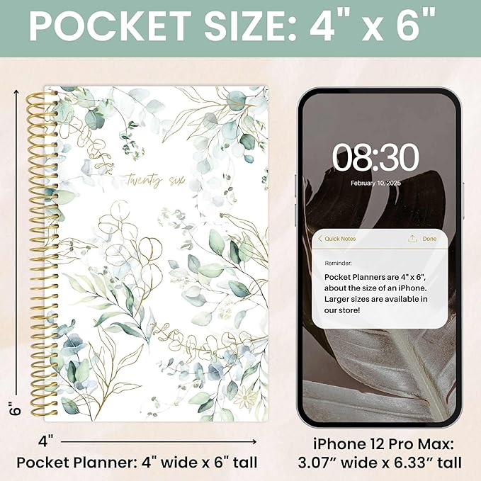 bloom daily planners 2026 Pocket Planner - 4” x 6” - (January 2026 - December 2026) - MINI Weekly/Monthly Agenda Organizer & Calendar Book - Eucalyptus, White