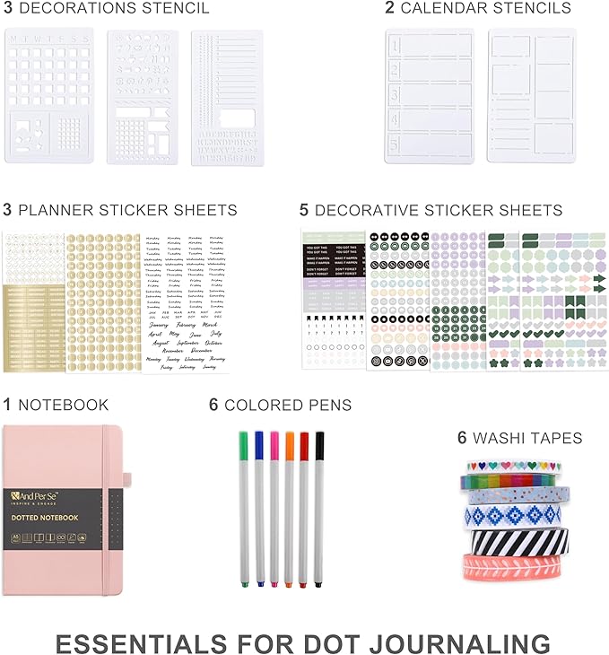 &And Per Se Dotted Journal Notebook Set, A5 Hardcover Dotted Journal (Pink), 6 Fineliner Pens, 8 Sticker, 5 Stencil Sheets & 6 Washi Tapes, Journaling Supplies for Planner Schedule