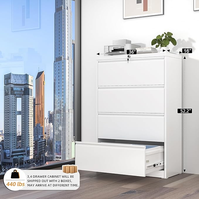 INTERGREAT 4 Drawer Lateral File Cabinet,White Lateral Filing Cabinet with Lock, Metal Steel Horizontal File Cabinets for Home Office, Easy Assembled