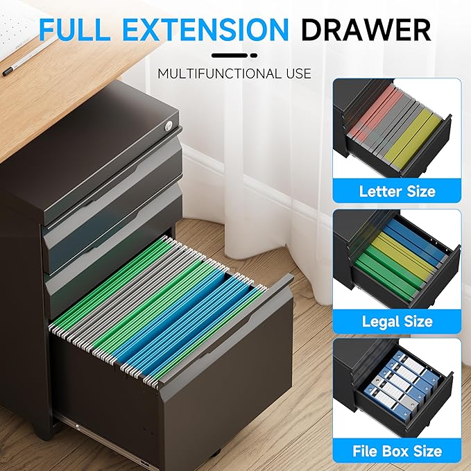 Bestoo 3-Drawer Mobile File Cabinet with Lock, Metal Filing Cabinet on Wheels for Home Office Under Desk, Fits File Folders, Letter/Legal/F4/A4 Size, Assembly Required (Black)