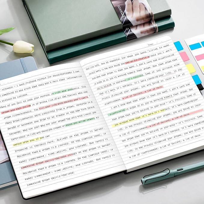 EMSHOI Lined Journal College Ruled Notebook – 8.5"x11" Hardcover Leather Journal for Women Men Office Work, 192 Pages 100 GSM Thick Paper, A4 Writing Notebook with Sticky Notes, Green