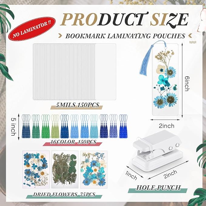 150 Pcs DIY Pressed Dried Flower Bookmark Making Kit, DIY Bookmark Bulk Thanksgiving Teacher Gifts for Reading Women Book Lovers(2 x 6 Inch,Blue Color)