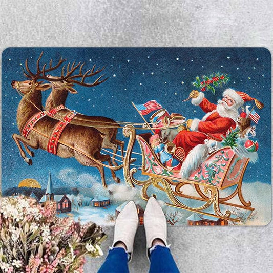 InterestPrint Christmas Reindeer Santa Claus Door Mat Indoor Outdoor, Non-Slip Rubber Christmas Doormat Inside Outside Entrance Welcome Floor Mat for Home Holiday Decor, 18" x 30"Inch