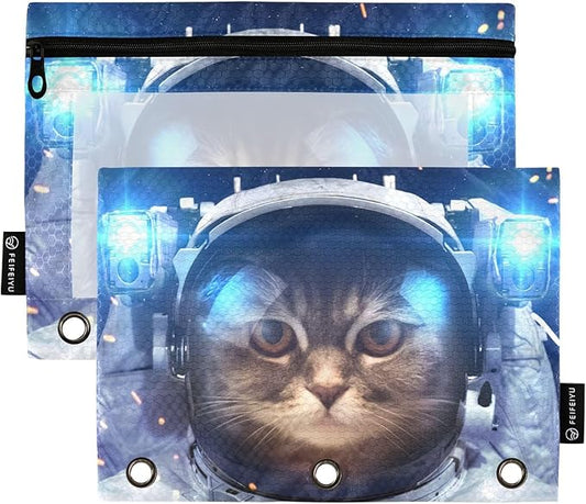 Astronaut Cat Space Pencil Pouch for 3 Ring Binder, 2 Pack Waterproof Pencil Bags Clear Window Zipper School Office Supplies