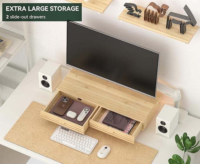 Bamboo Monitor Stand with Drawer - Desk Organizer with Cable Management & Storage, Ergonomic Laptop Riser for Home Office (220lbs Capacity, 24 inch ,Natural)