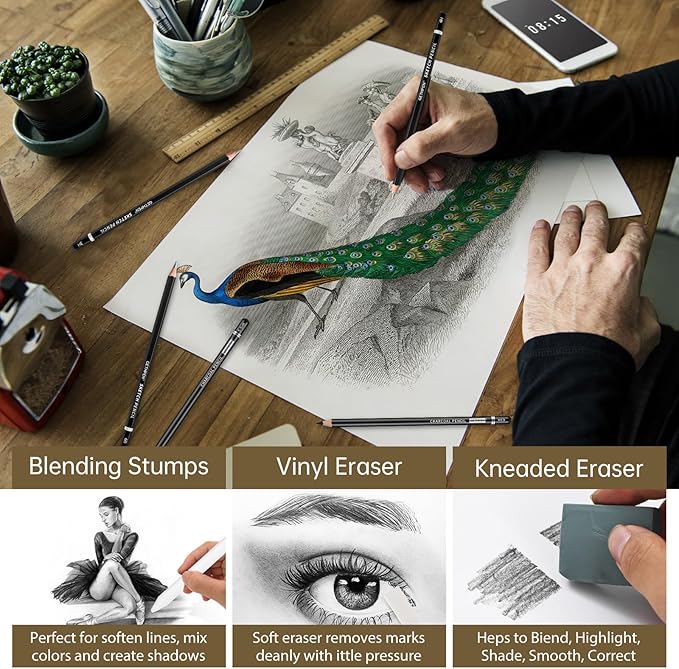 Drawing Sketching Pencil Set, 24 Piece Pro Artist Sketch Kit - Graphite Pencils (12B-4H),Charcoal Pencils for Drawing,Black and White Charcoal Pencils,Charcoal Sticks,Stumps,Eraser,Sharpeners