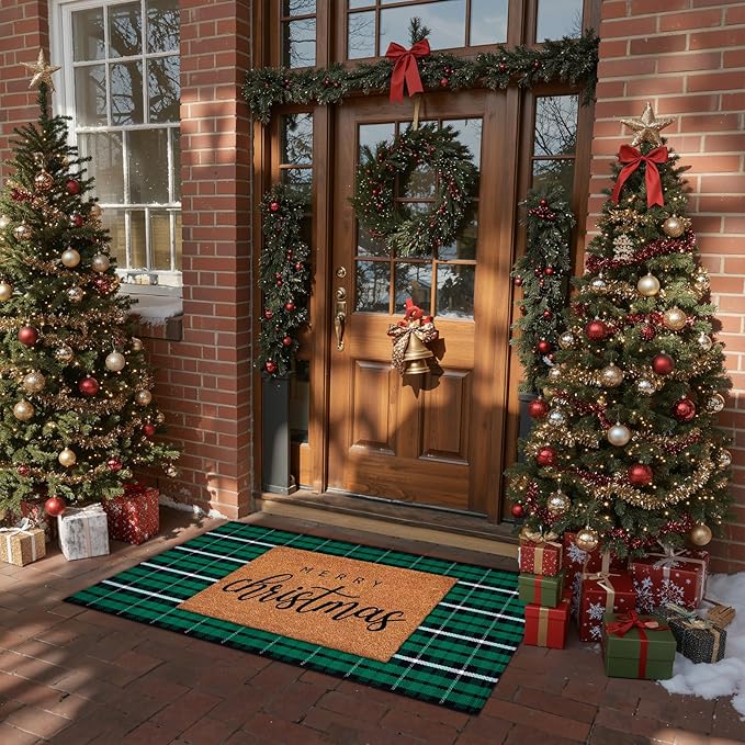 Christmas Door Mat Outdoor 24"x51", Green/Black Buffalo Plaid Front Porch Rug Cotton Hand-Woven Washable Layered Door Mats,Reversible Checkered Floor Rugs for Home Decor Outside