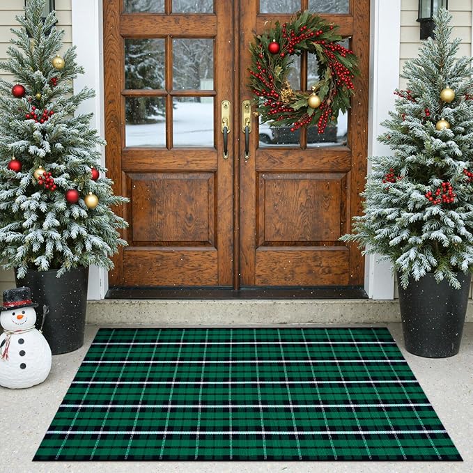 KIMODE Christmas Doormat Outdoor 3x5, Black and Green Buffalo Plaid Checkered Outdoor Rug, Washable Farmhouse Cotton Woven Door Mat Outside Entrance for Front Porch Entryway Patio Decor