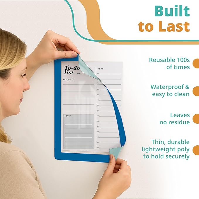 8.5 x 11 Adhesive Wall Frames - Peel & Stick Picture Frames, Wall Sign Holder, Paper Protector Sheets, Certificate Holders, Reusable Picture Frame, Dry Erase, Non Magnetic - Blue, Pack of 5