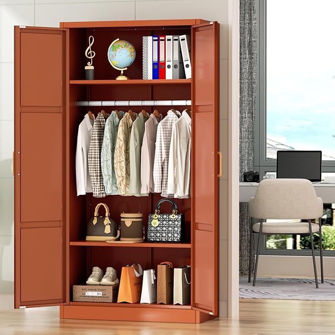 Greenvelly Metal Storage Wardrobe Cabinet, 72" Brown Metal Wardrobe Closet for Hanging Clothes with Doors and Shelves, Modern Steel Clothes Closet for Home, Office and Bedroom, School,Gym