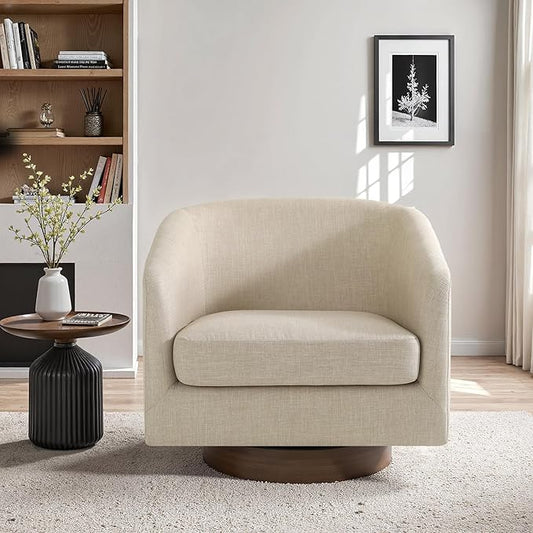 UIXE Swivel Accent Chair with Wood Base, Fabric Upholstered Barrel Chairs for Living Room, Comfy Round Armchair Single Sofa Bedroom Reading Seat - 31" W, Light Brown