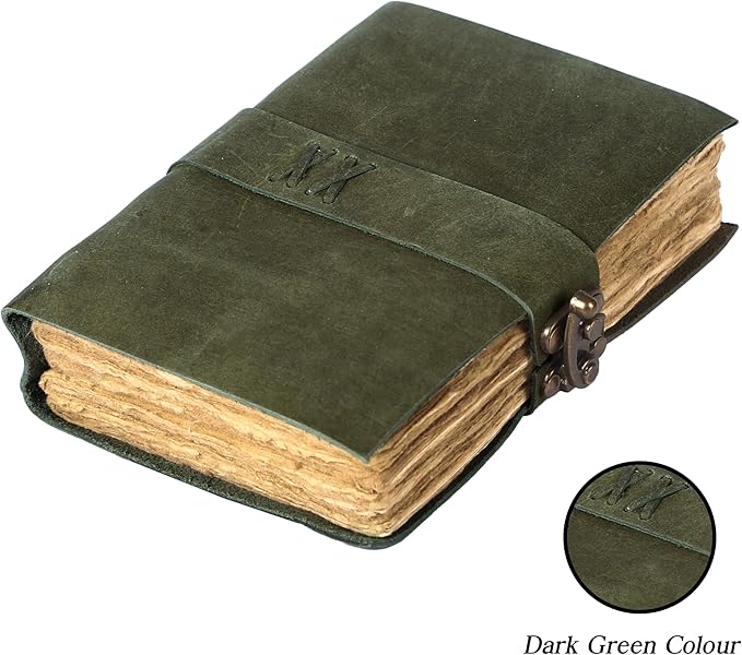 Vintage Leather Journal Handmade Buffalo Non-Refillable Deckle Edge Paper – Leather Bound Journal for Women Men C-Lock Closure Ideal for Writing & Travel for Artists (Dark Green)