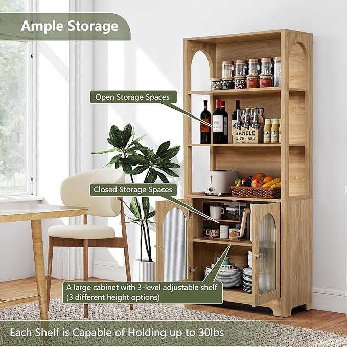 RARZOE Set of 2 Bookshelves and Bookcases, 5-Tier Arched Bookshelf with Glass Doors, Floor Standing 5 Shelf Book case, Wood Display Cabinet Storage Organizer for Living Room, Bedroom, Office(Natural)