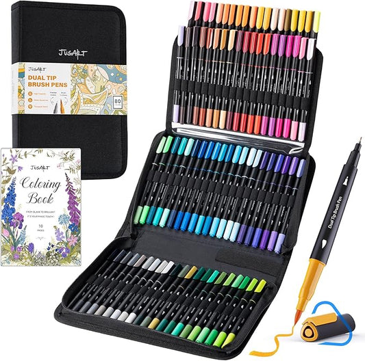 JusArt Markers for Adult Coloring Books No Bleeding, Coloring Markers with Dual Tips, Fine & Brush Pens with Ergonomic Triangle Grip & 33% More Ink, Water-Based Art Drawing Set for Adults, 80 Colors