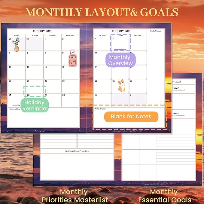 CAGIE 2026 planner Weekly and Monthly Jan 2026-Dec 2026 Hardcover Hourly Daily Planners for Women 26 Calendar Planner with Stickers Spiral Bound Yearly Agenda, 8.5 x 11