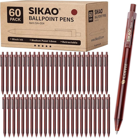 Pens Bulk, Coffee 60Pack Ballpoint Pens for Smooth Writing No Smear, Black Ink Medium Point 1.0mm, Retractable Click Server Pens, School Office Supplies (Black ink)