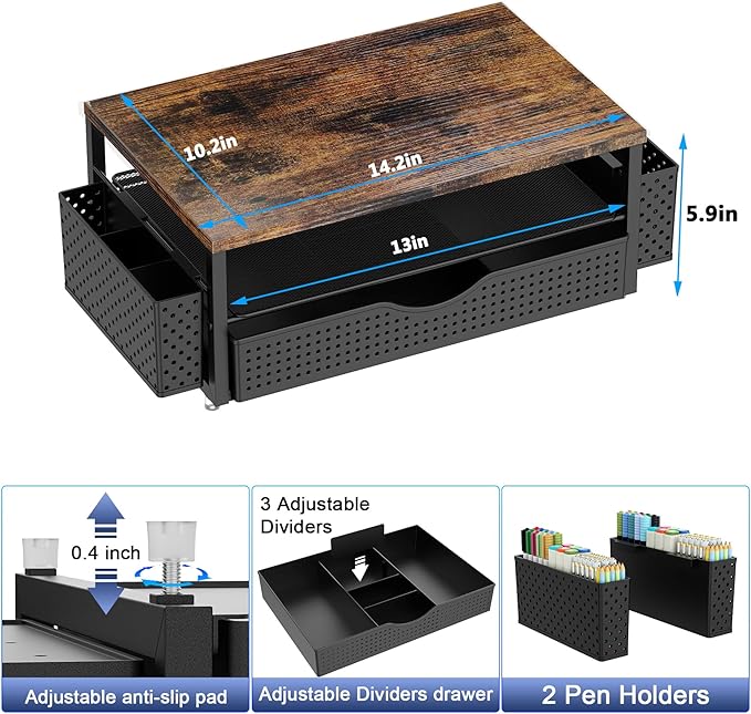 Desk Organizer and Accessories, Computer Monitor Stand Riser with Drawer and 2 Pen Holders, Office Desk Accessories & Workspace Organizers for Office Supplies (Wood)