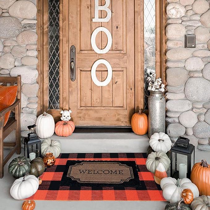Buffalo Plaid Outdoor Rugs, 2'x4'3'' Orange and Black Checkered Indoor/Outdoor Area Rug, Layering Rug for Hello/Welcome Door Mat, Washable Cotton Woven Farmhouse Mat for Fall Front Porch Décor
