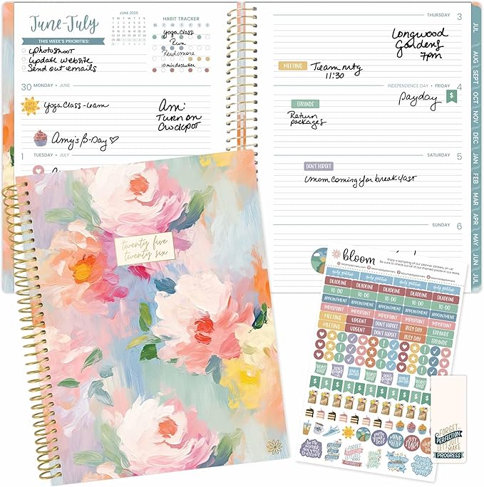 bloom daily planners 2025-2026 (8.5" x 11") Academic Year Day Planner (July 2025 - July 2026) - Weekly & Monthly Dated Agenda Organizer with Stickers & Tabs - Painted Peonies