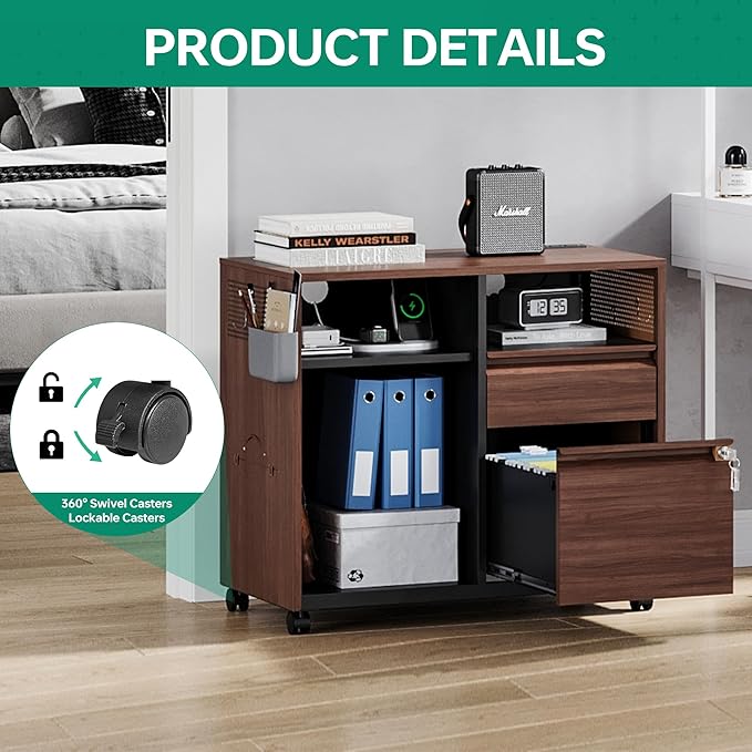 Letaya Mobile 2 Drawer File Cabinet with Lock, Metal Lateral Printer Stand Filing Storage Cabinets with Shelves for Home Office-A4/F4/Letter (Charging Socket)