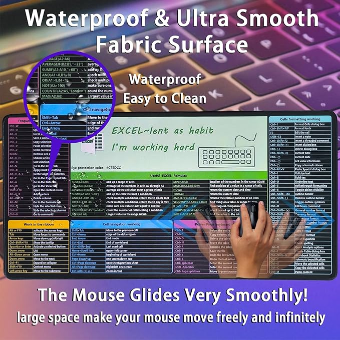 Get Excel Pad,Excel Shortcut Mouse Pad Desk Mat,Large Excel Cheat Sheet Spreadsheet Keyboard Mats Mousepad,Water-proof Non-Slip Stitched Edge,Excel Learning Essentials,31.5*15.7 inch,Black