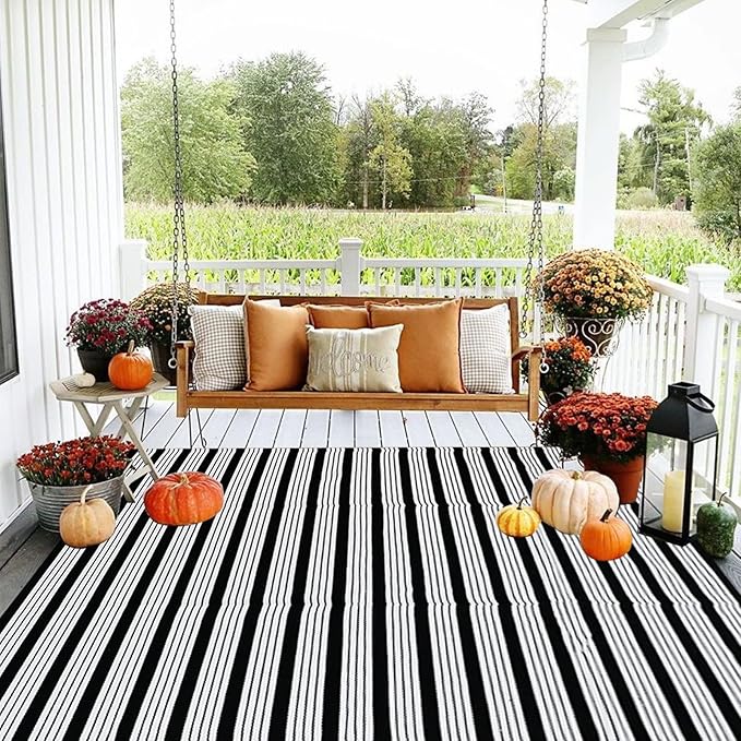 CAINANEL Black and White Striped Outdoor Rug 4' x 6' Front Porchr Mat Handwoven Cotton Indoor/Outdoor Rug for Layered Door Mats,Welcome Door Mat, Front Porch,Farmhouse,Entry Way