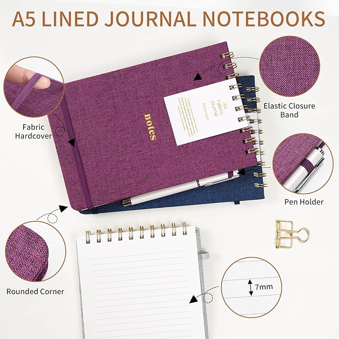 A5 Top Spiral Notebook – Hardcover Journal 160 Pages 100 GSM Thick Paper With Elastic Band & Pen Holder Steno Pads College Ruled Writing Notebooks for Work School Travel Pink